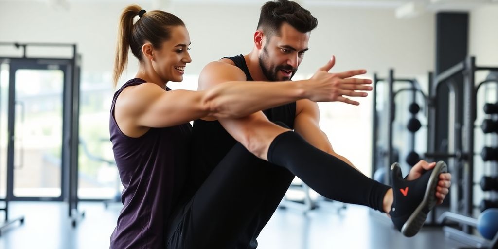 Un coach sportif avec un client dans une salle de gym.