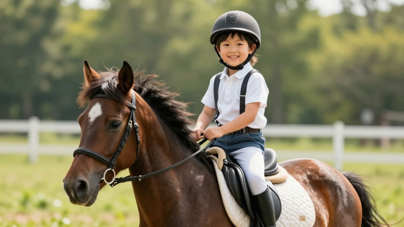Enfant souriant montant un cheval dans un manège ensoleillé.
