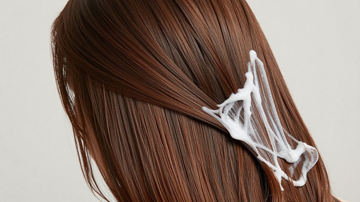 Femme avec des cheveux brillants et un masque capillaire.